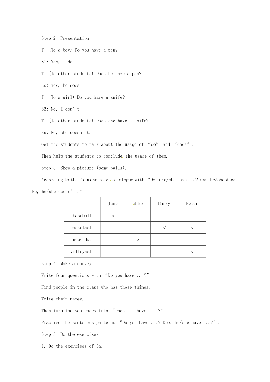 山东省郓城县随官屯镇七年级英语上册Unit5Doyouhaveasoccerball（第2课时）SectionA（3a3c）教案（新版）人教新目标版（新版）人教新目标版初中七年级上册英语教案.doc