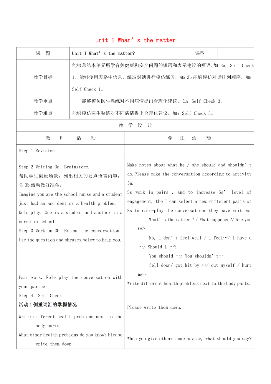 山东省郯城县红花镇八年级英语下册Unit1What’sthematter教案5（新版）人教新目标版（新版）人教新目标版初中八年级下册英语教案.doc