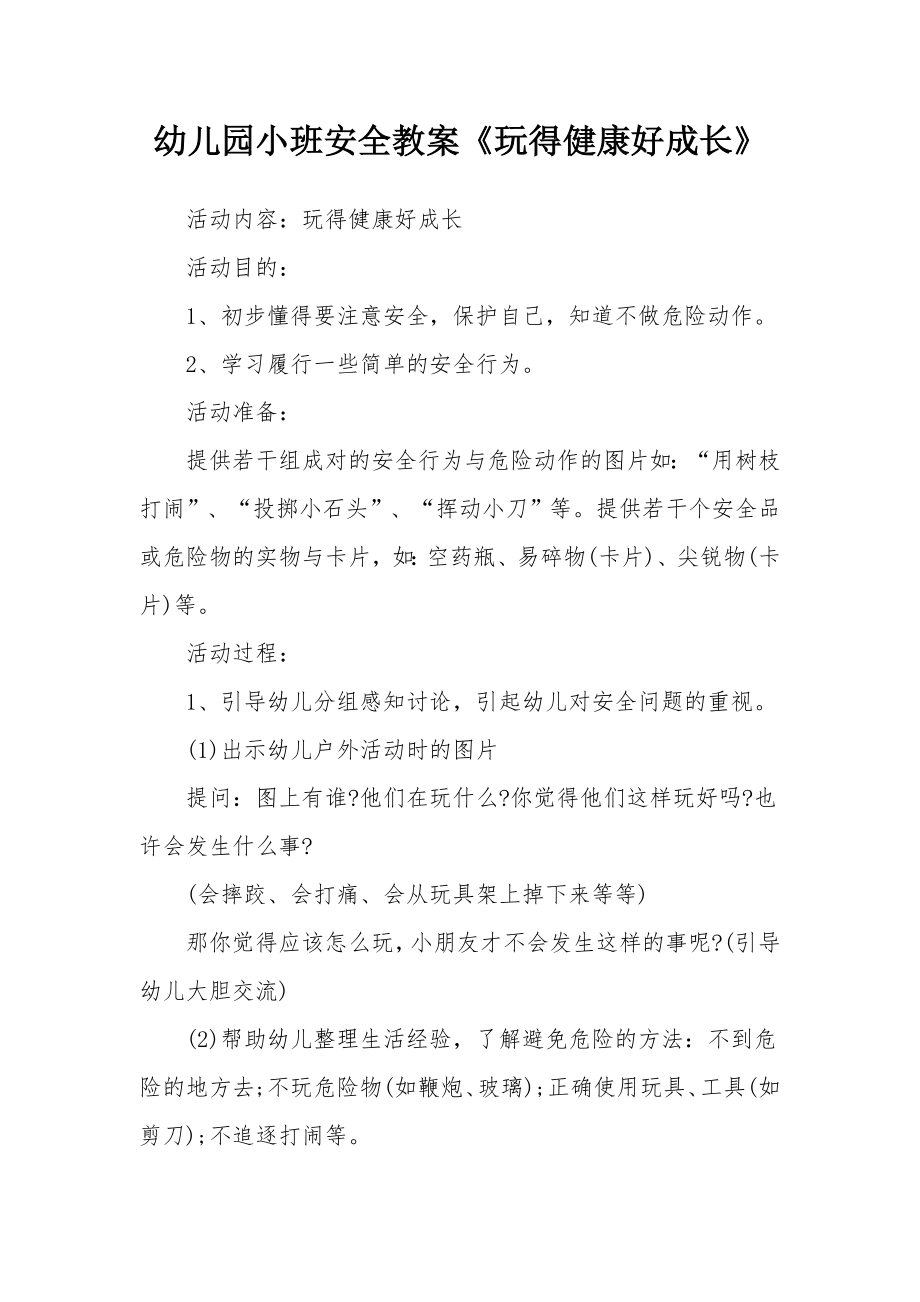 幼儿园小班安全教案《玩得健康好成长》.docx