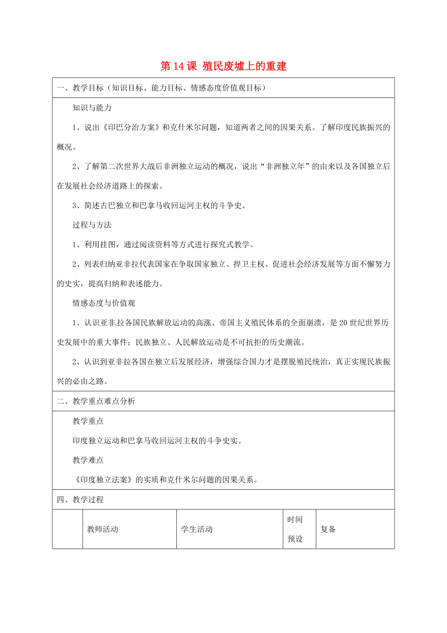 山东省邹平县实验中学九年级历史下册第14课殖民废墟上的重建教案北师大版.doc