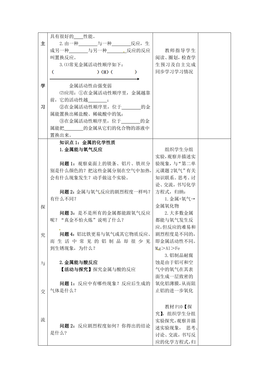 山东省郯城县郯城街道初级中学九年级化学下册第八单元课题2金属的化学性质教案新人教版.doc