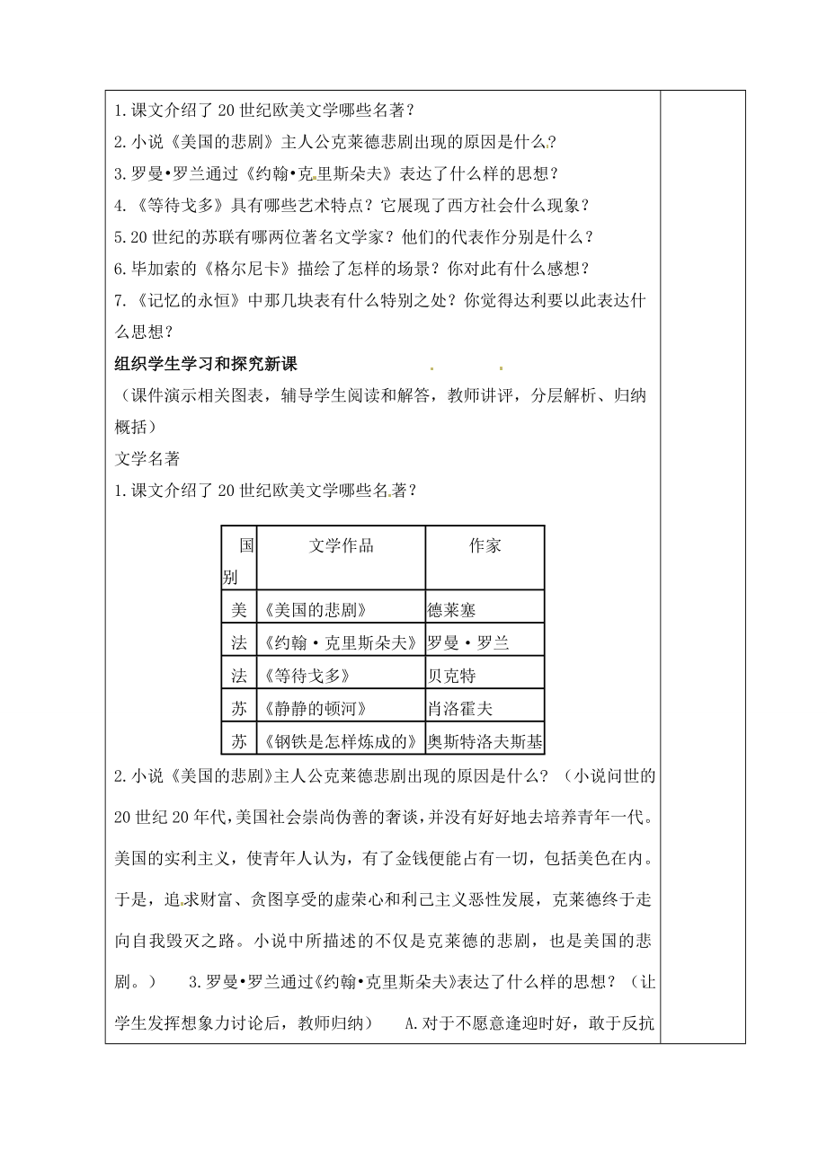 山东省青岛市黄岛区海青镇中心中学九年级历史下册18现代文学和美术教案新人教版.doc