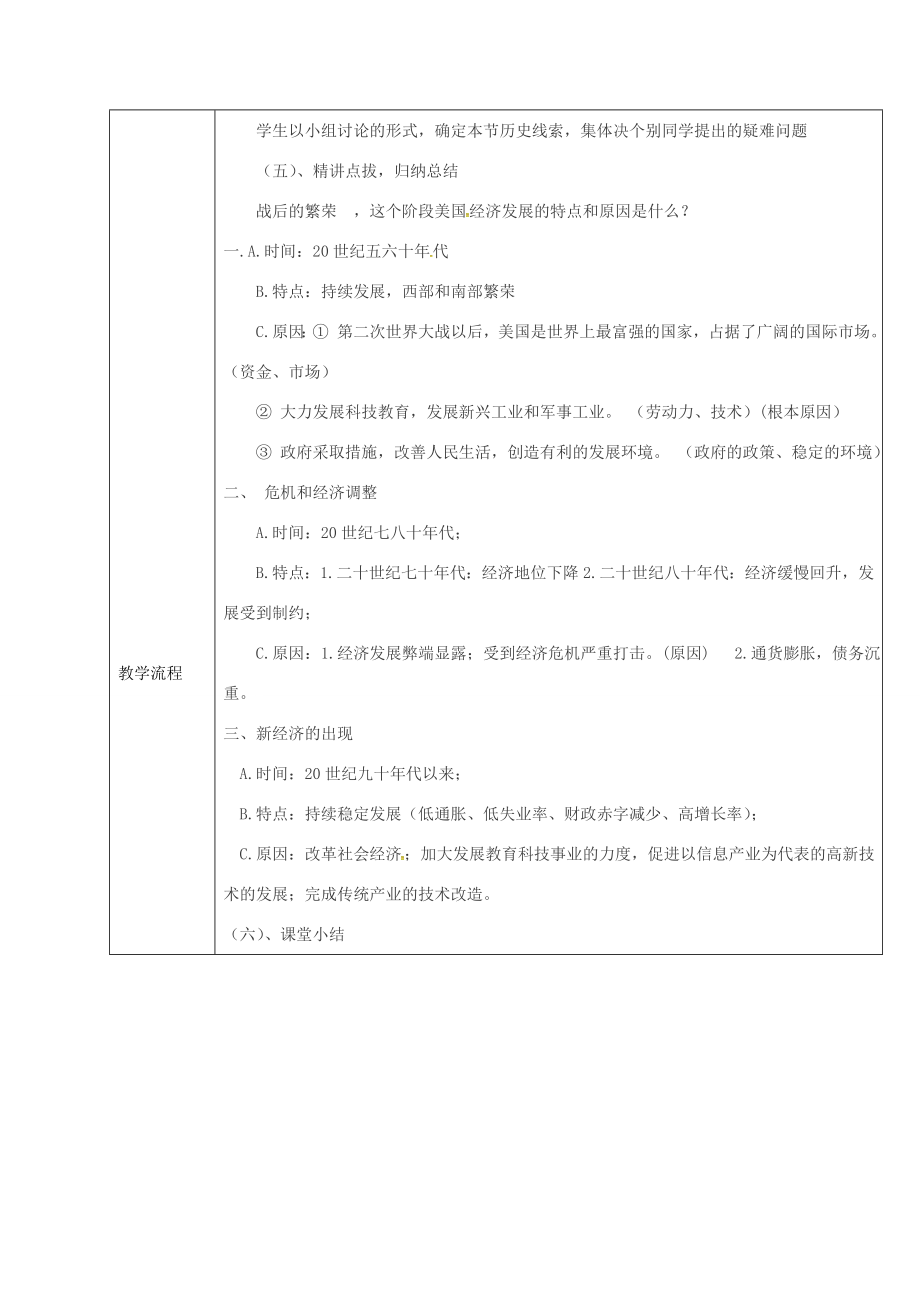 山东省郯城县红花镇九年级历史下册第四单元战后主要资本主义国家的发展变化8《美国经济的发展》教案3新人教版新人教版初中九年级下册历史教案.doc