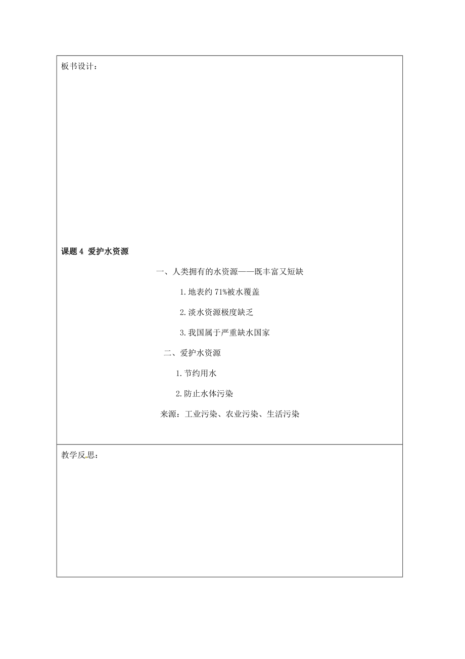 山东省郯城县红花镇九年级化学上册4.1爱护水资源教案（新版）新人教版（新版）新人教版初中九年级上册化学教案.doc