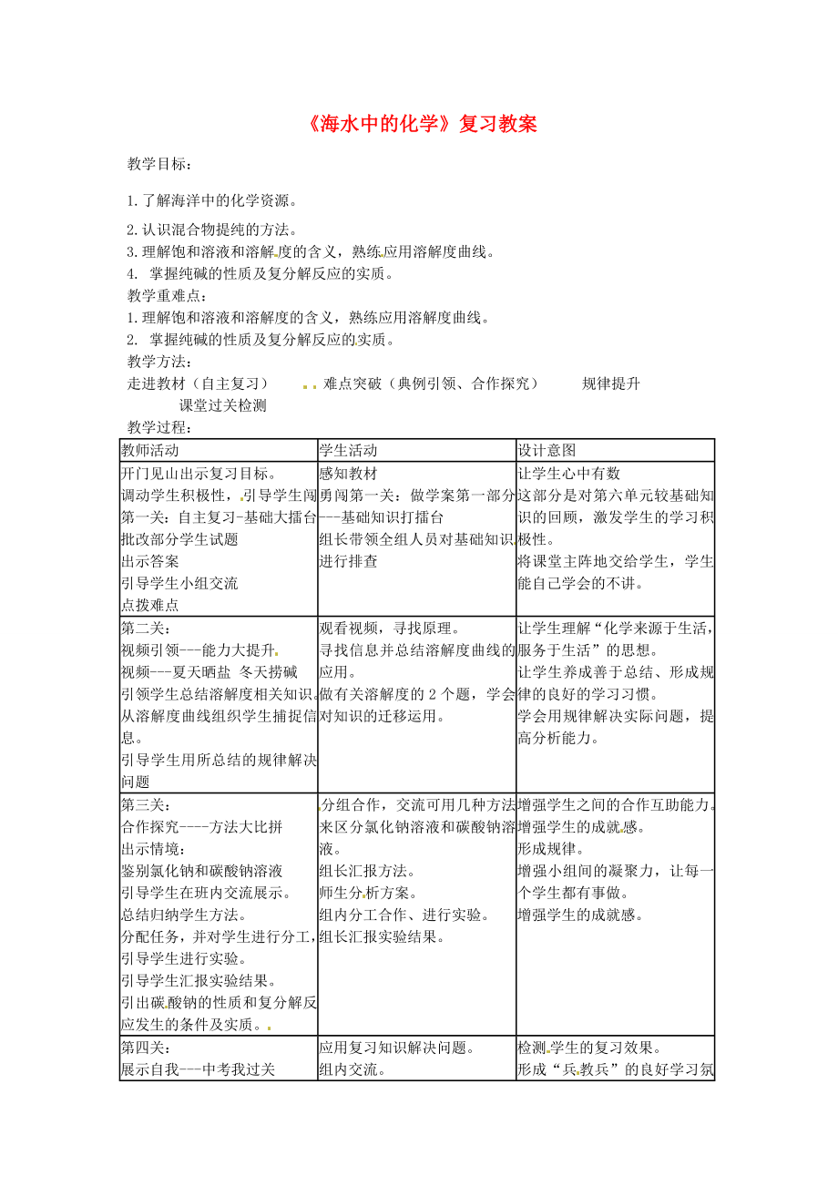 山东省肥城市石横镇初级中学九年级化学全册《海水中的化学》复习教案（无答案）鲁教版.doc