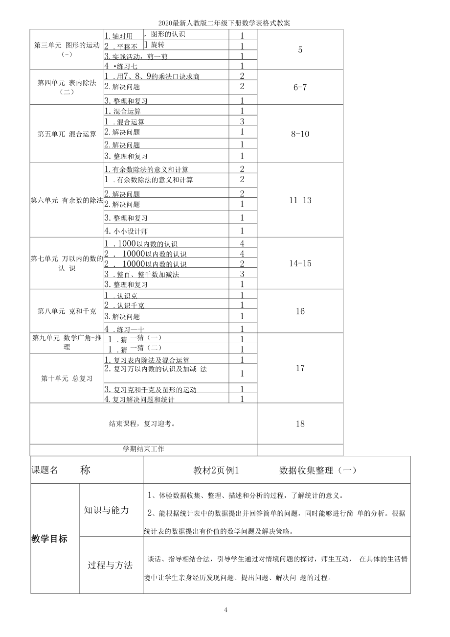 最新人教版二年级下册数学表格式教案.doc