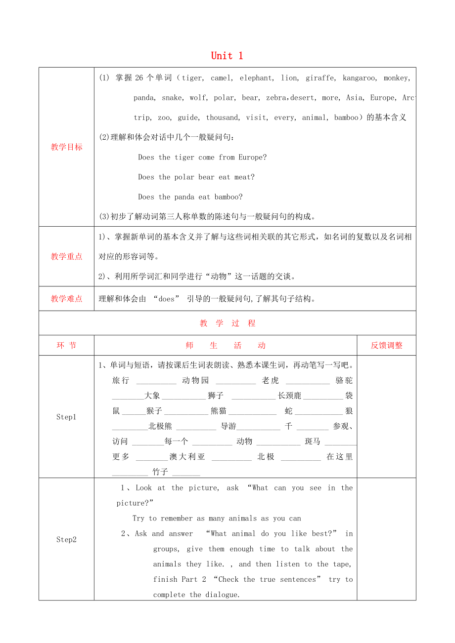 天津市静海县沿庄镇度七年级英语上册Module6AtriptothezooUnit1Doesiteatmeat教案（新版）外研版（新版）外研版初中七年级上册英语教案.doc