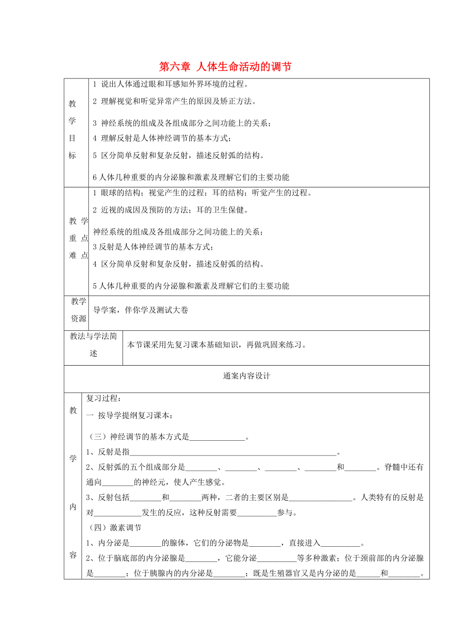 山东省烟台市黄务中学七年级生物上册第六章人体生命活动的调节教案鲁教版五四制.doc