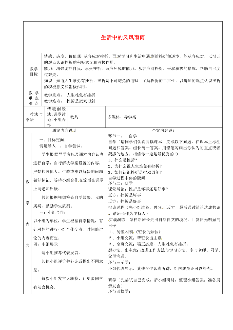 山东省烟台市黄务中学202X七年级政治上册第6周第九课第一框生活中的风风雨雨教案鲁教版.doc