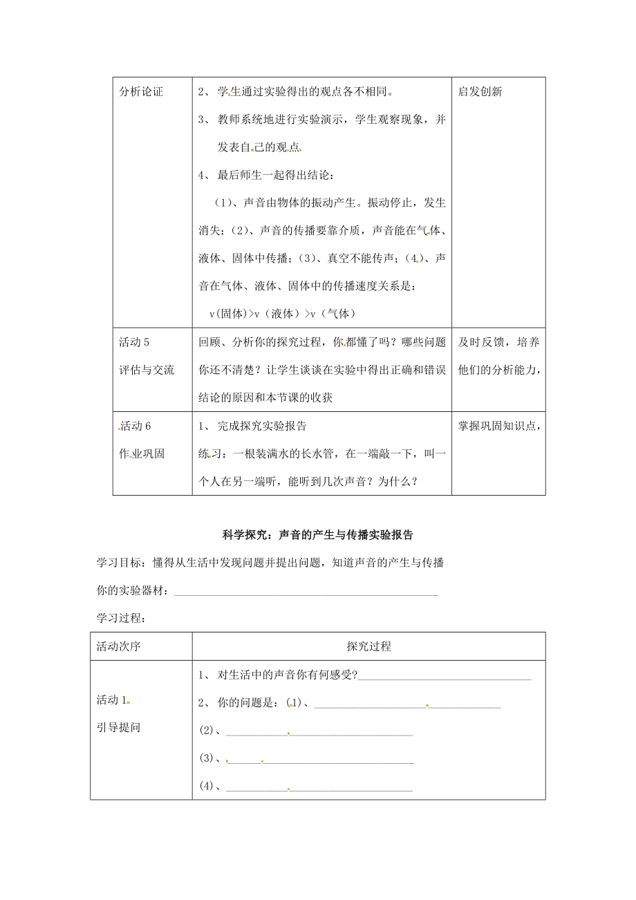 安徽省长丰县下塘实验中学八年级物理全册3.1科学探究声音的产生与传播教案沪科版.doc