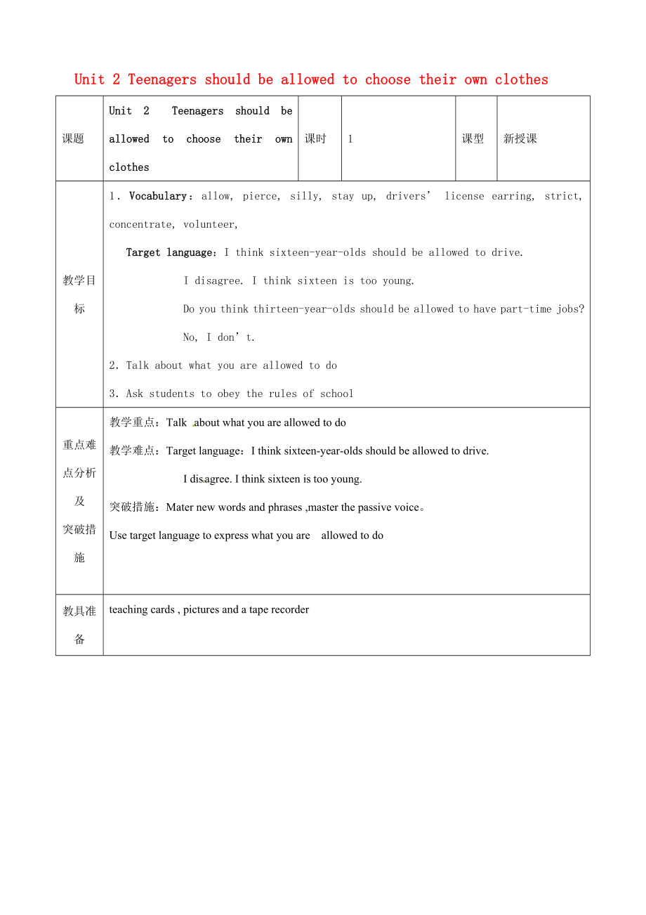 山东省龙口市诸由观镇诸由中学九年级英语全册《Unit2Teenagersshouldbeallowedtochoosetheirownclothes》教案6鲁教版五四制.doc