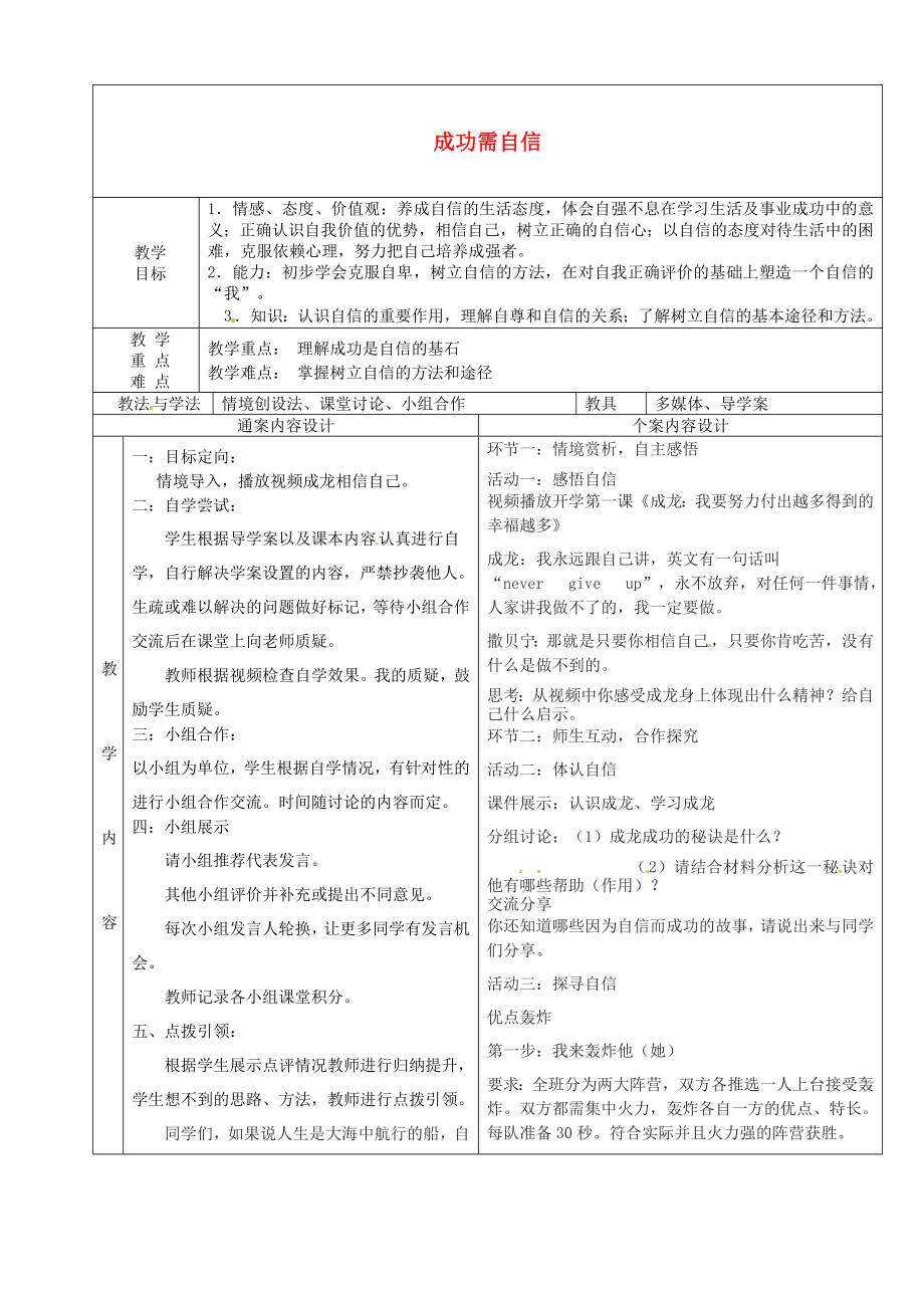 山东省烟台市黄务中学202X七年级政治上册第13周第七课第二框成功需自信教案鲁教版.doc