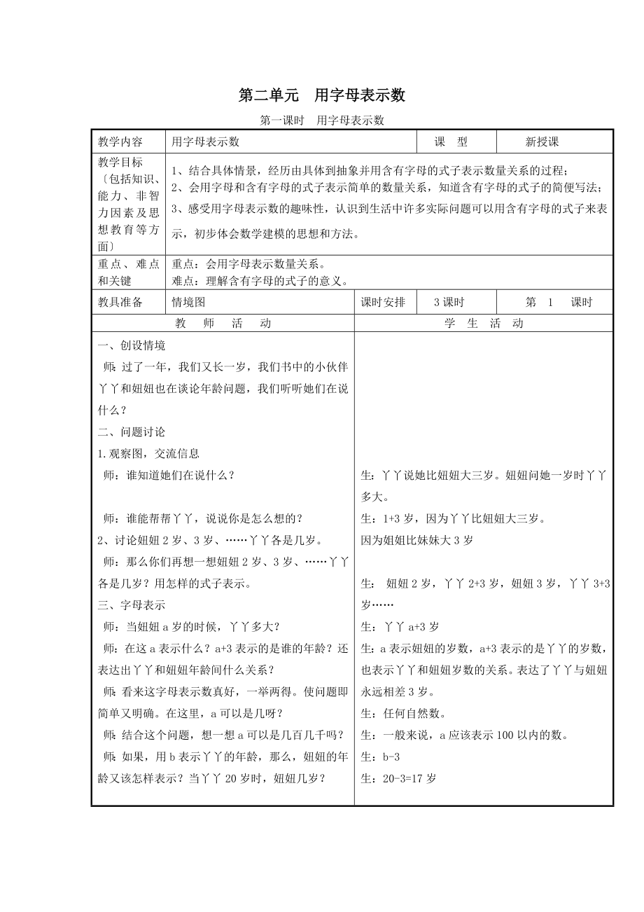 最新四年级数学下册第二单元《用字母表示数》教案冀教版.doc