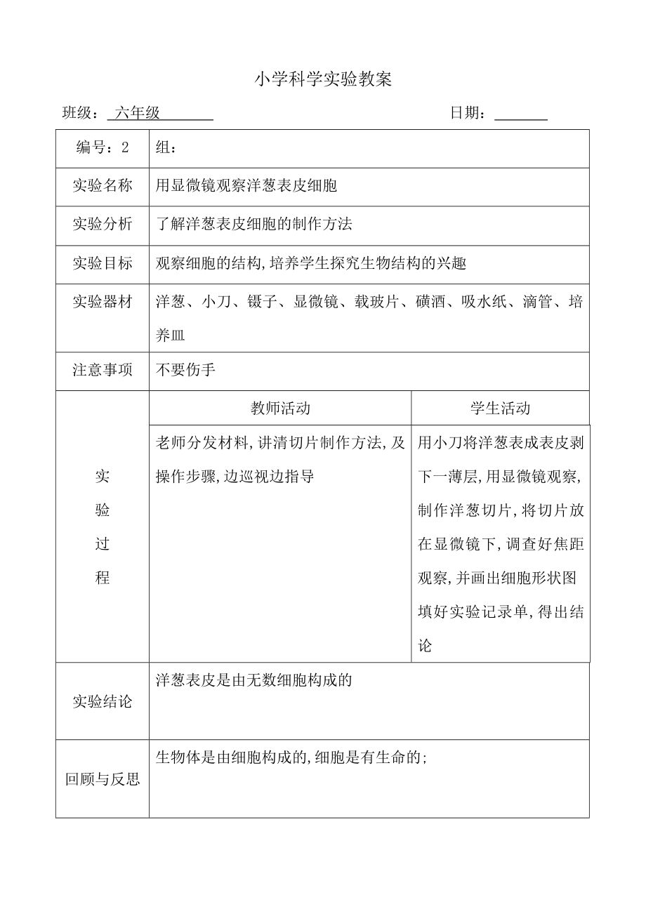 新科教版下册科学实验教案六年级.doc