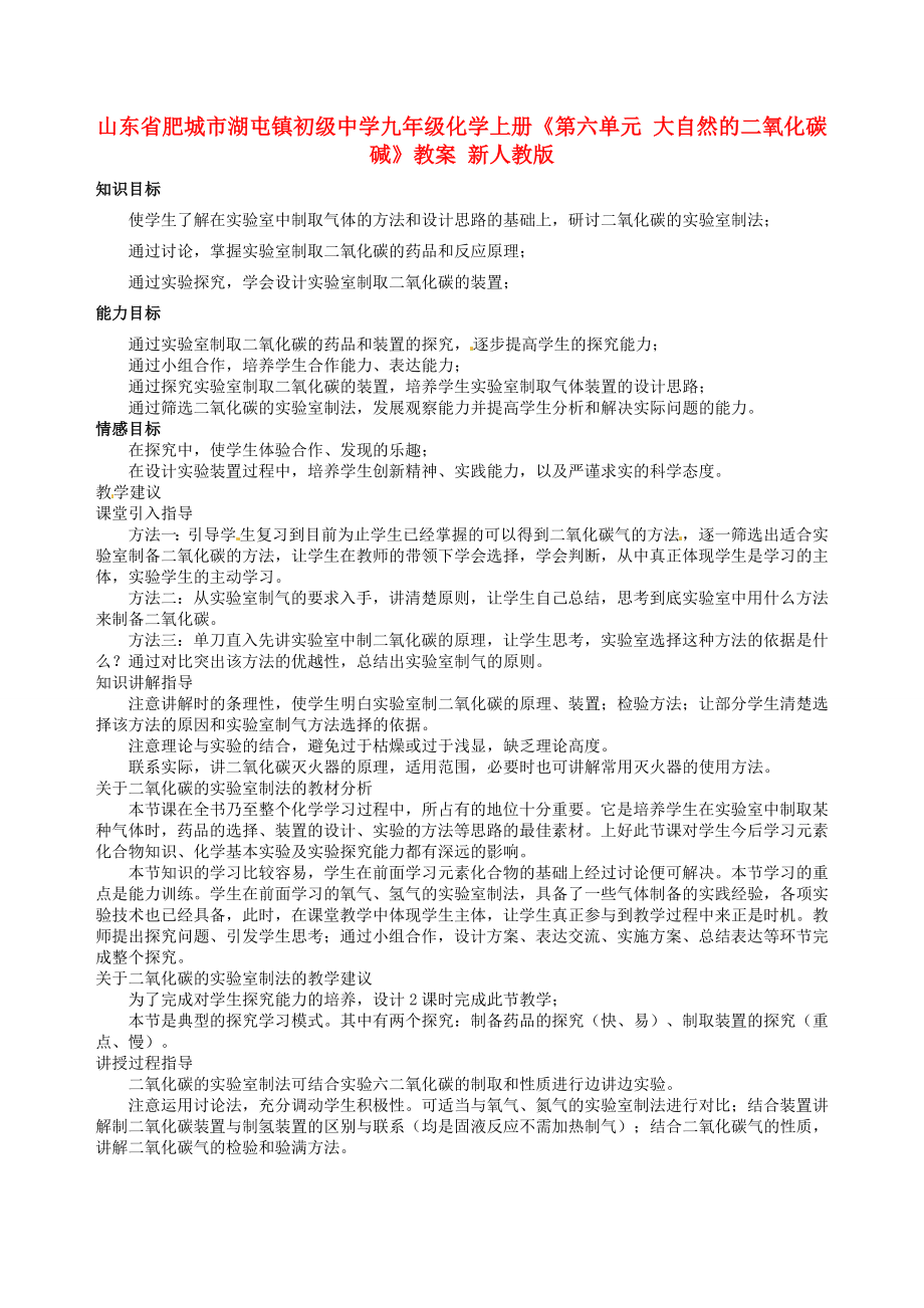 山东省肥城市湖屯镇初级中学九年级化学上册《第六单元大自然的二氧化碳碱》教案新人教版.doc