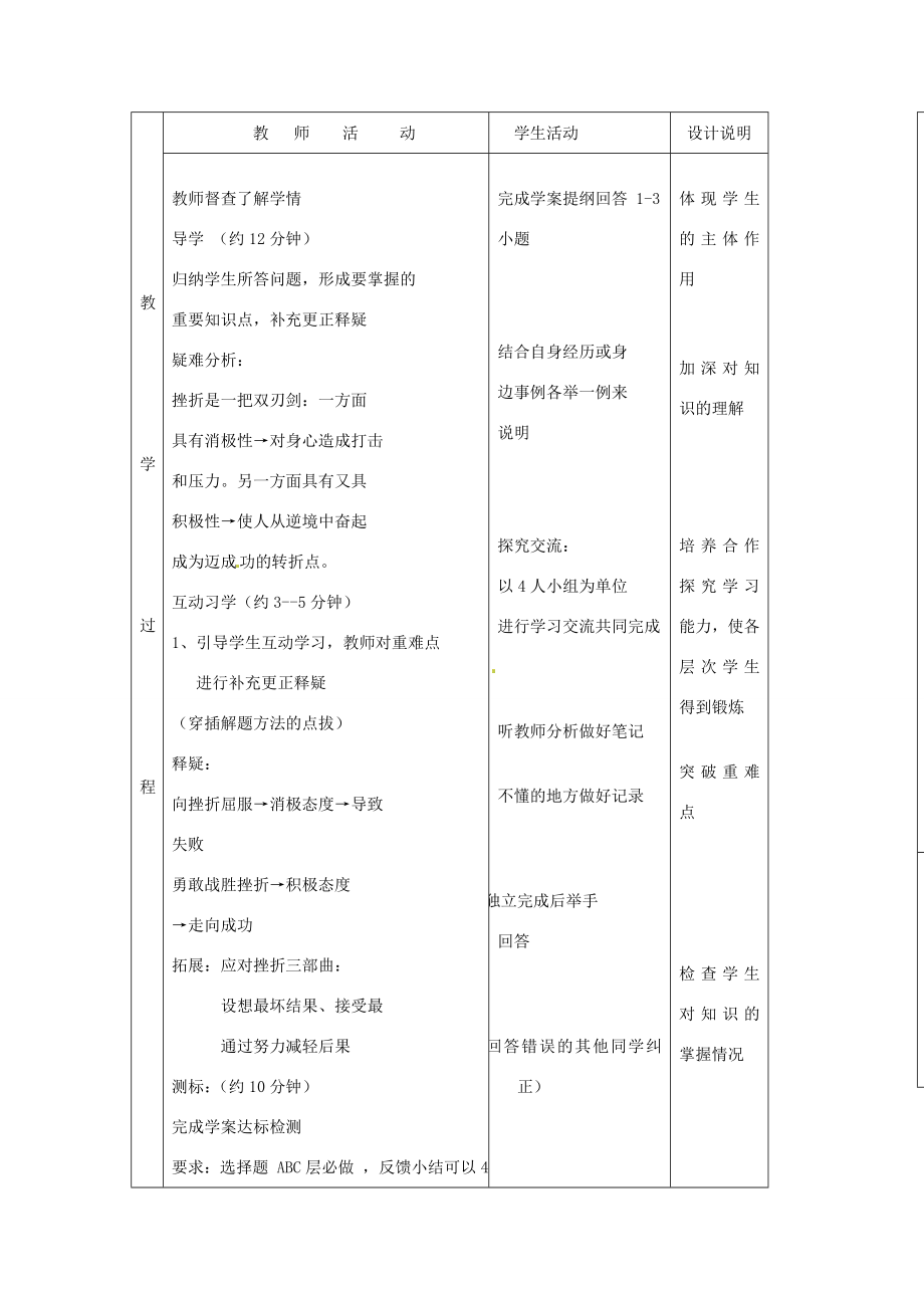 广东省龙门县龙城一中七年级政治下册《直面挫折》教案粤教版.doc