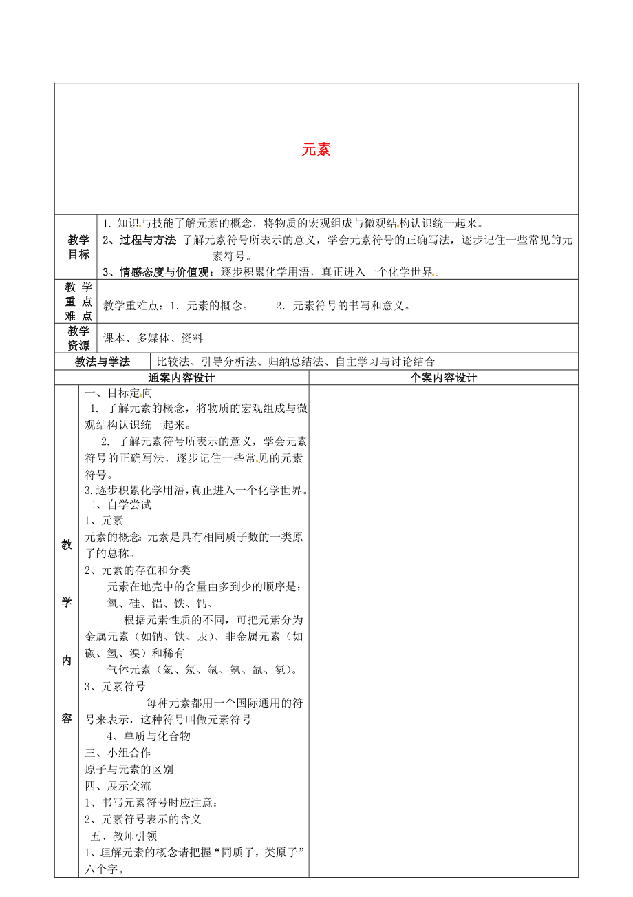 山东省烟台市黄务中学八年级化学全册3.2元素教案（新版）鲁教版五四制.doc