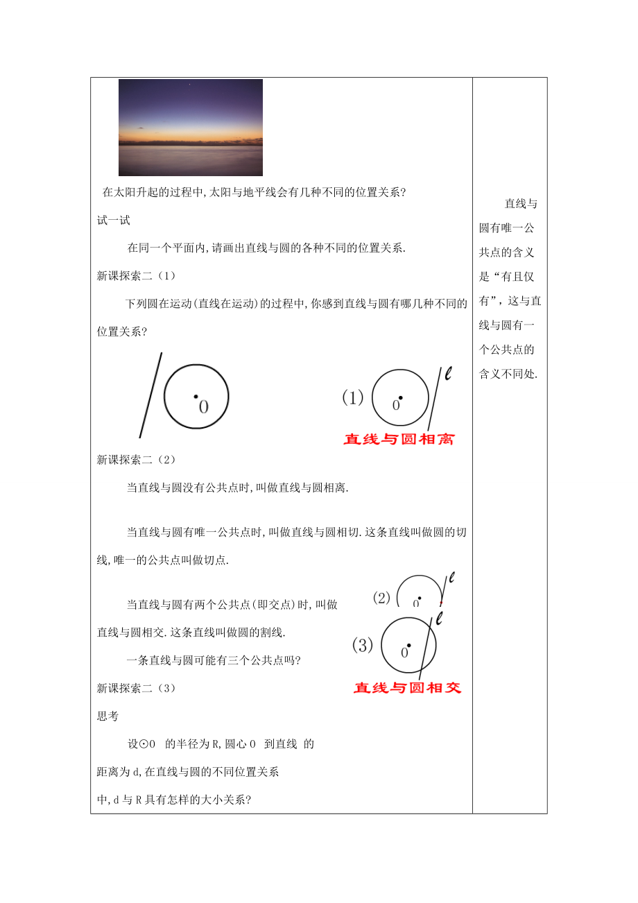 春九年级数学下册27.4直线与圆的位置关系教案沪教版五四制沪教版初中九年级下册数学教案.doc