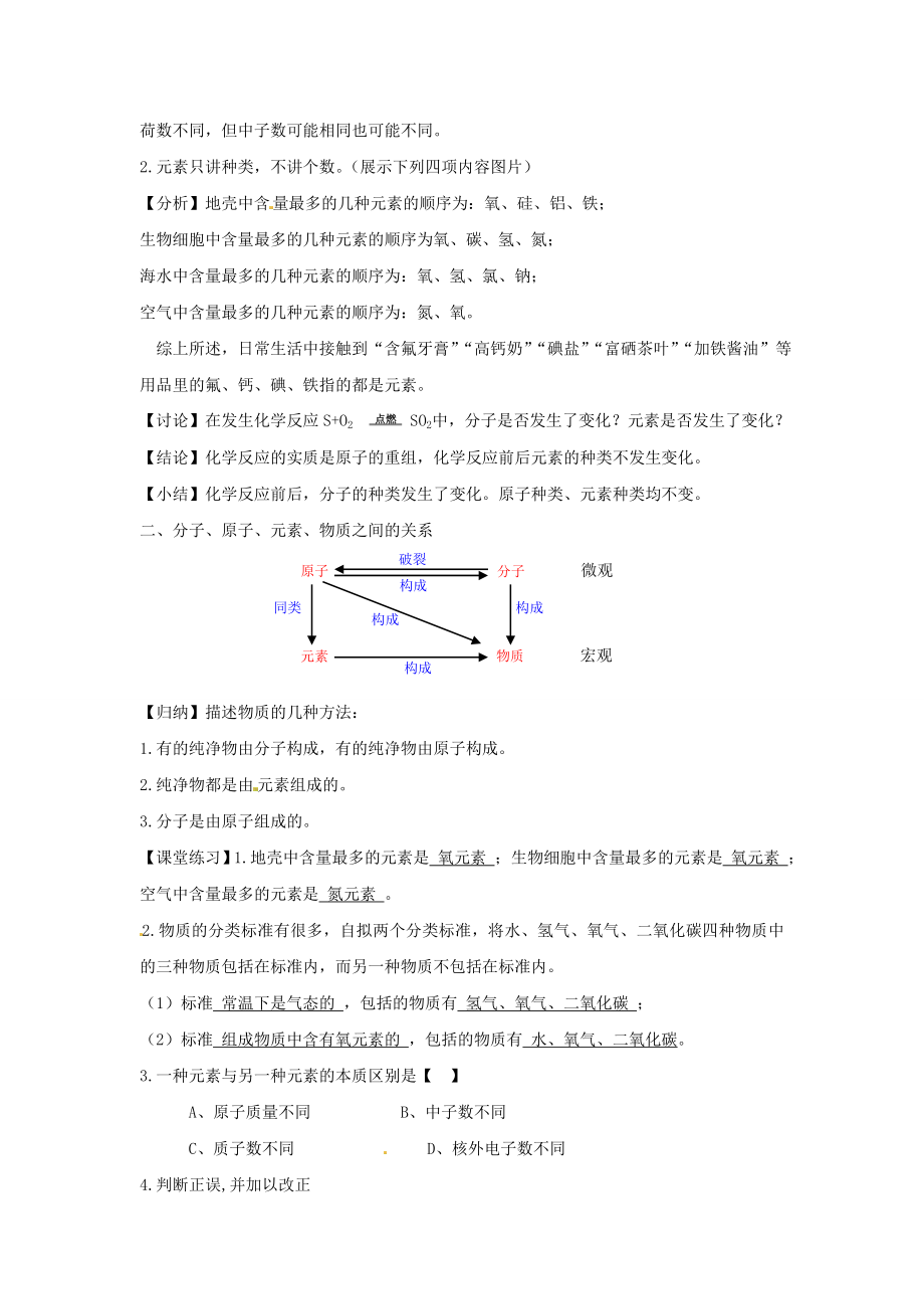 山东省郯城县郯城街道初级中学九年级化学下册课题2元素教案新人教版.doc