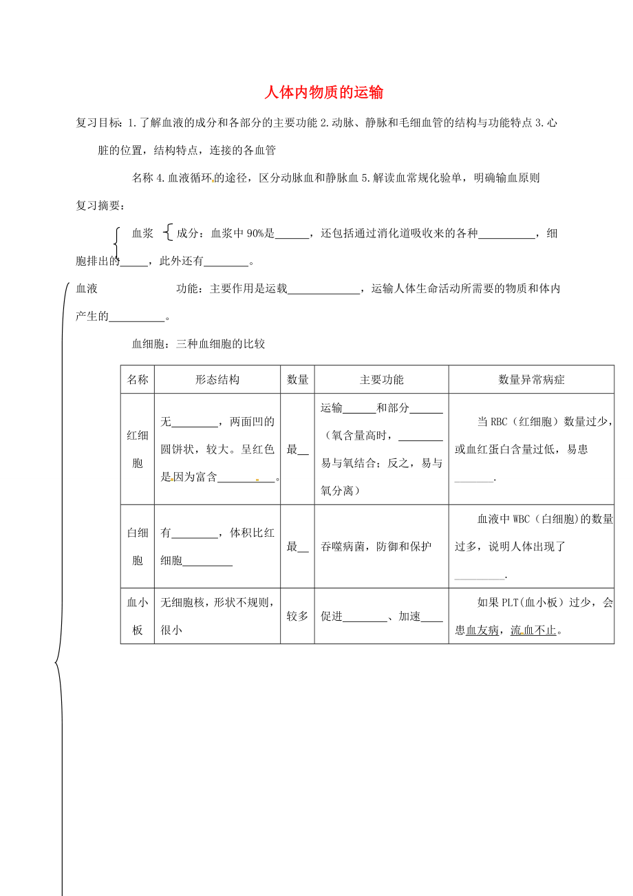 广东省河源市七年级生物下册4.4人体内物质的运输教案（新版）新人教版（新版）新人教版初中七年级下册生物教案.doc