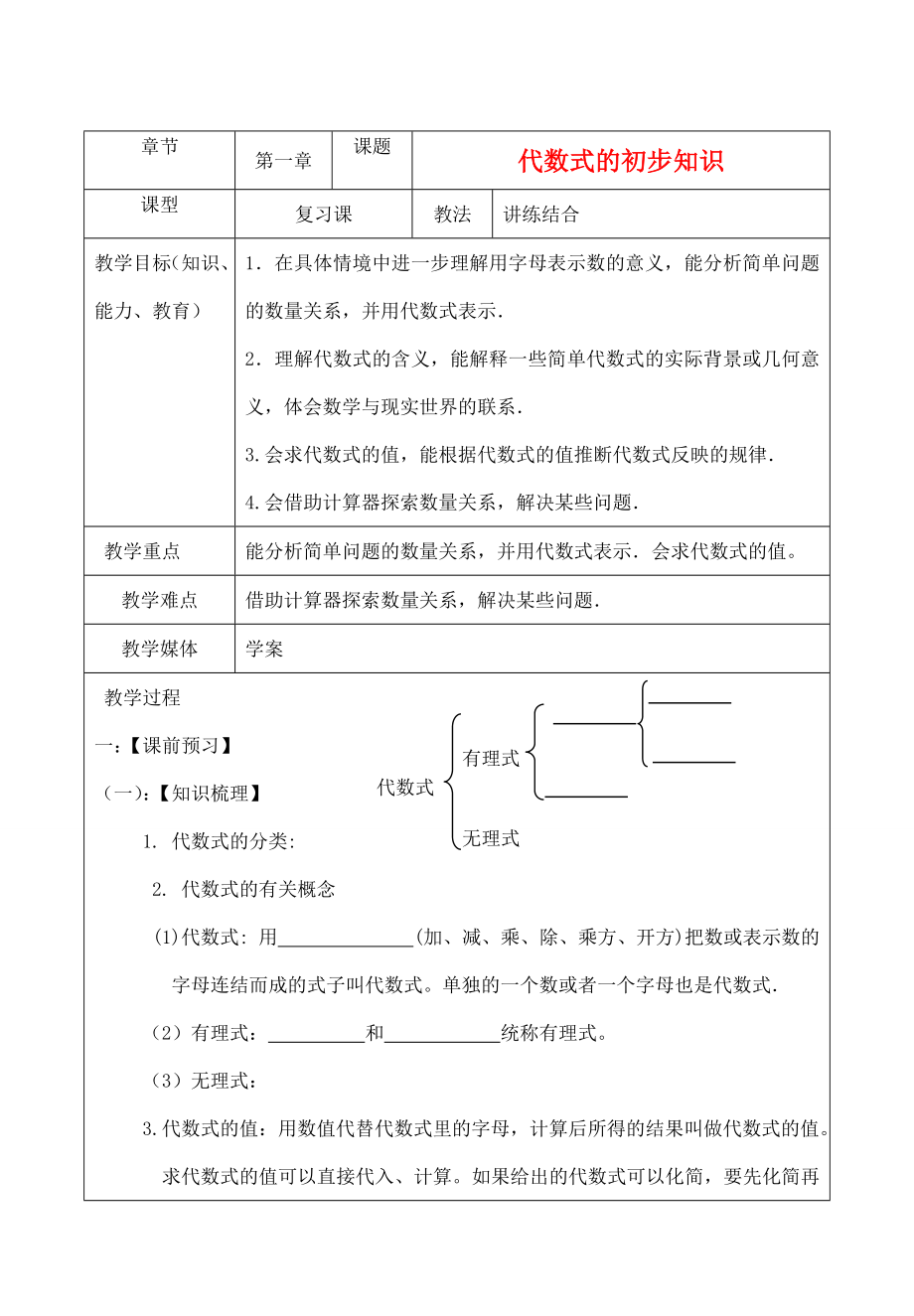 年中考数学第一轮总复习教案4代数式的初步知识.doc