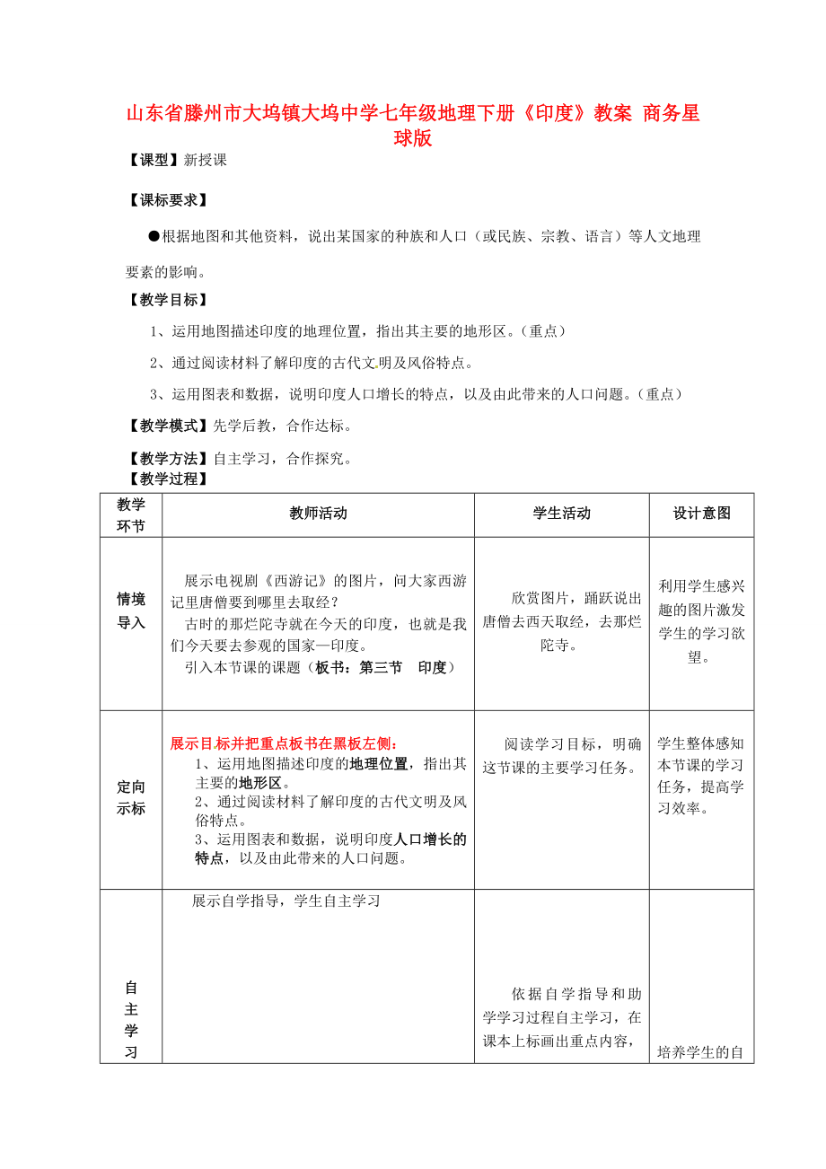 山东省滕州市大坞镇大坞中学七年级地理下册《印度》教案商务星球版.doc