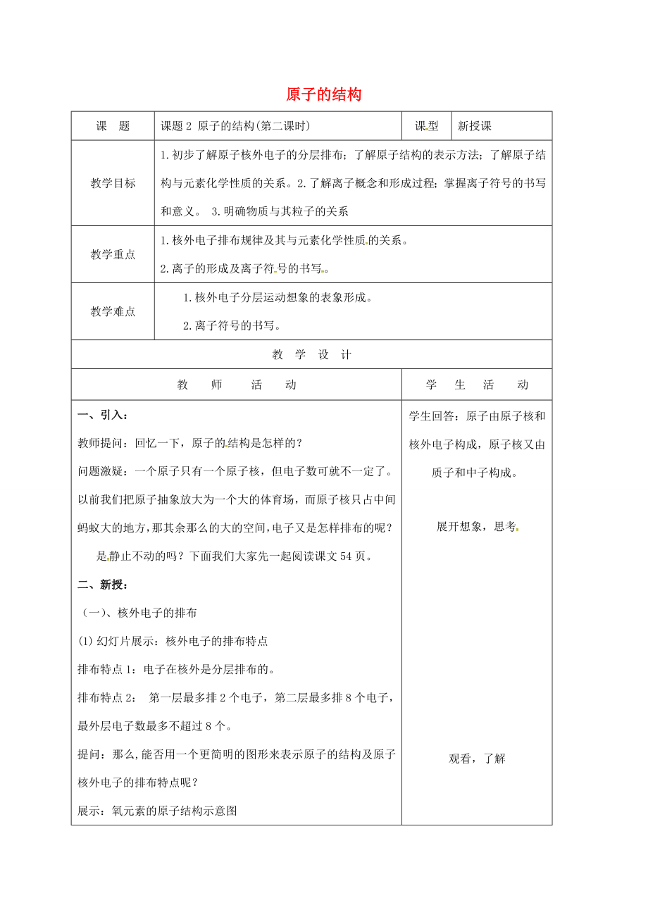 山东省郯城县红花镇九年级化学上册3.2原子的结构（第2课时）教案（新版）新人教版（新版）新人教版初中九年级上册化学教案.doc