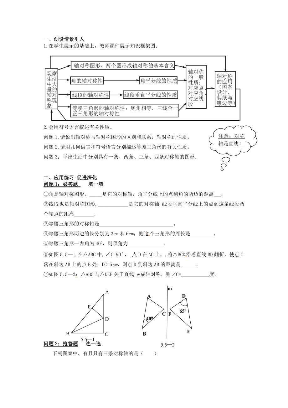 山东省东营市垦利区郝家镇七年级数学下册第5章生活中的轴对称回顾与思考教案（新版）北师大版（新版）北师大版初中七年级下册数学教案.doc