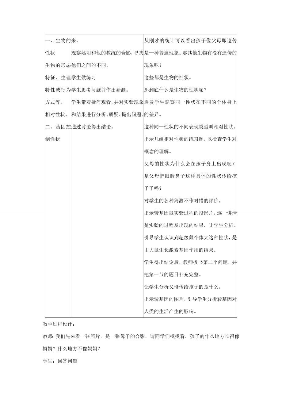 春八年级生物下册第七单元第二章第一节基因控制生物的性状教案（新版）新人教版（新版）新人教版初中八年级下册生物教案.doc