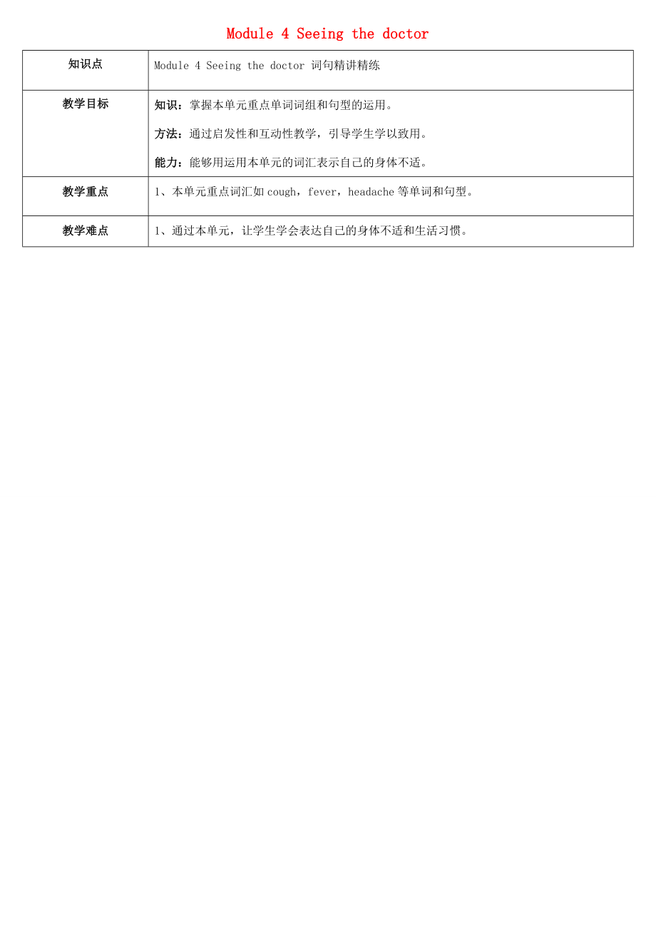 天津学大教育信息咨询有限公司八年级英语下册Module4Seeingthedoctor教案（新版）外研版（新版）外研版初中八年级下册英语教案.doc