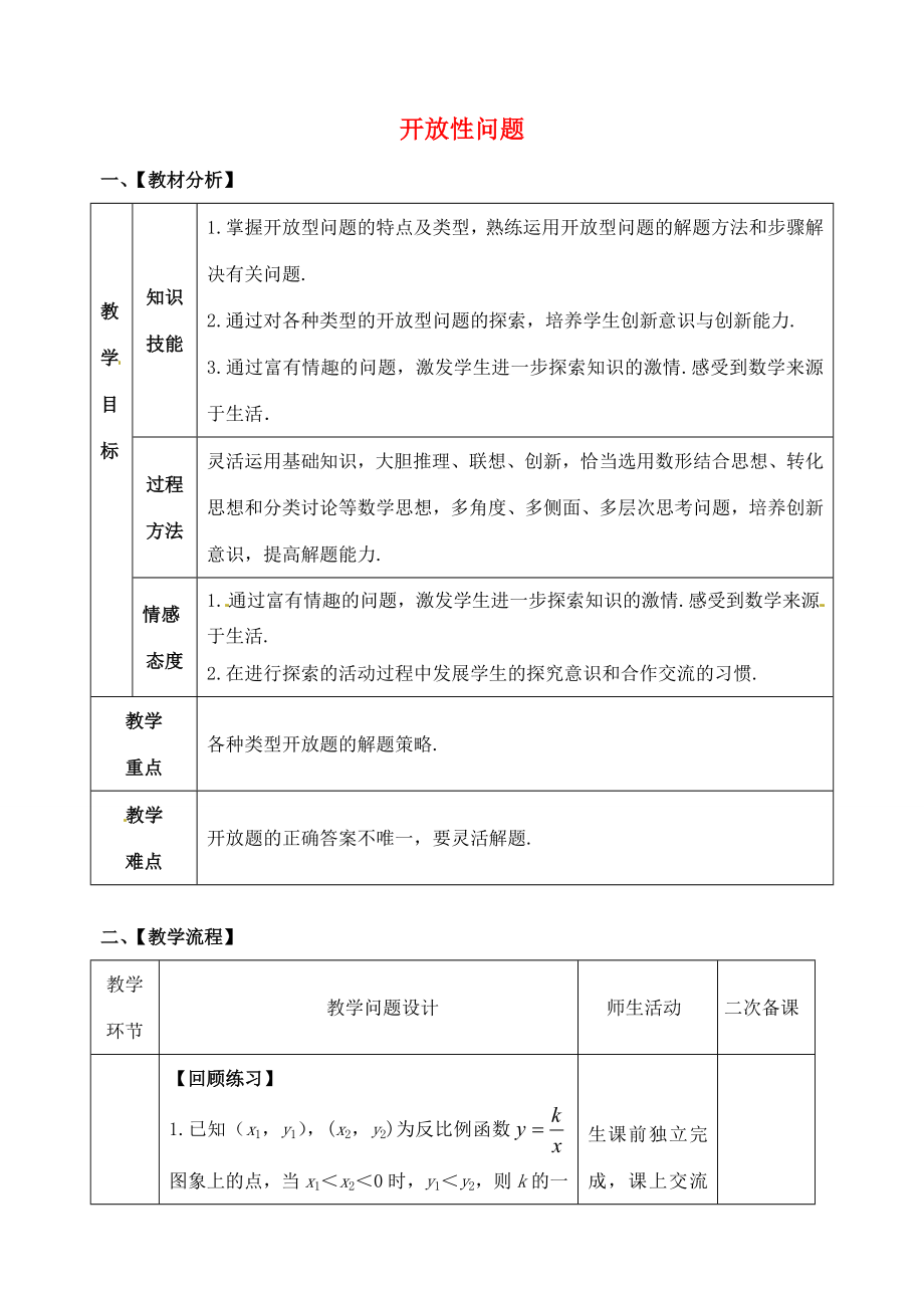 山东省郯城县红花镇中考数学专题复习专题八综合应用（31）开放性问题教案人教版初中九年级全册数学教案.doc