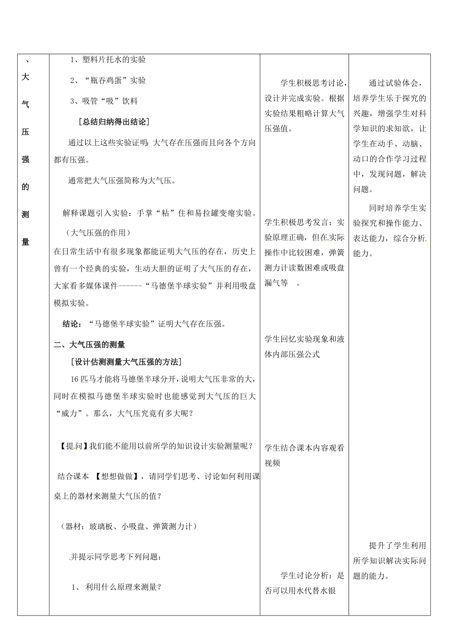 山东省滕州市大坞镇大坞中学八年级物理下册第九章《大气压强》教案新人教版.doc