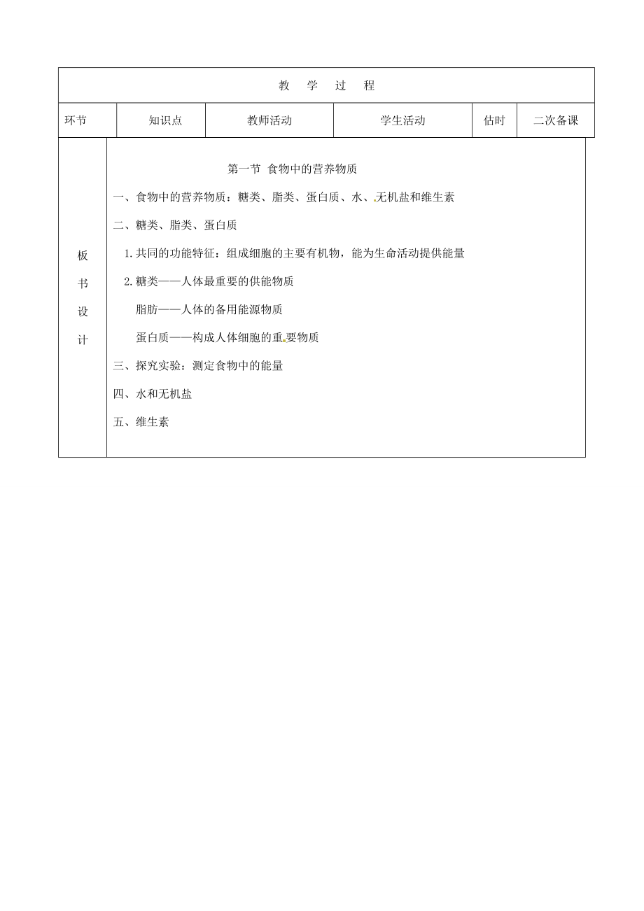 山东省临沭县第三初级中学七年级生物下册食物中的营养物质教案新人教版.doc