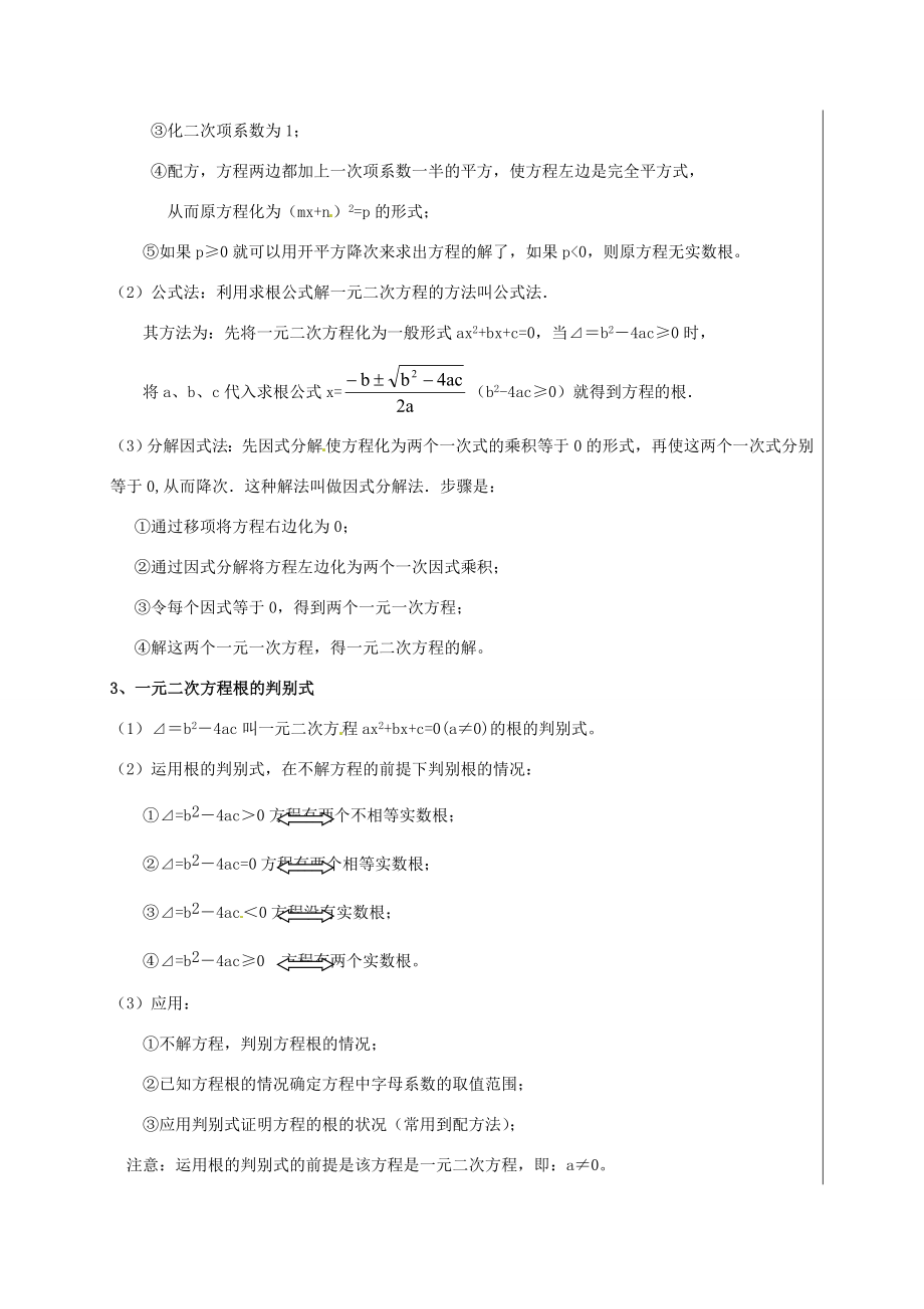 新疆精河县九年级数学上册第21章一元二次方程小结教案（新版）新人教版（新版）新人教版初中九年级上册数学教案.doc