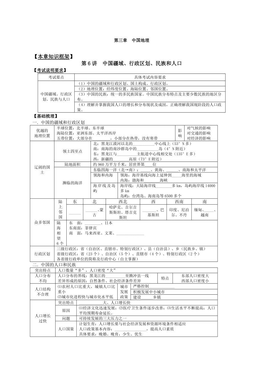 届高考地理第一轮复习中国疆域行政区划民族和人口教案.doc