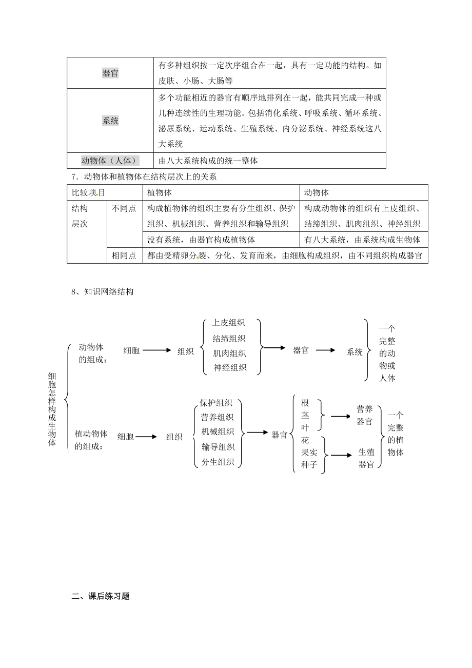 最新科学七年级上浙教版2.3《生物体的结构层次》教案.doc