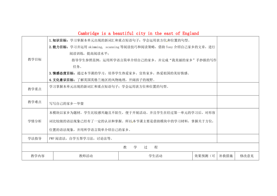 小学八年级英语上册Module2Unit2CambridgeisabeautifulcityintheeastofEngland教案（新版）外研版（新版）外研版初中八年级上册英语教案.doc