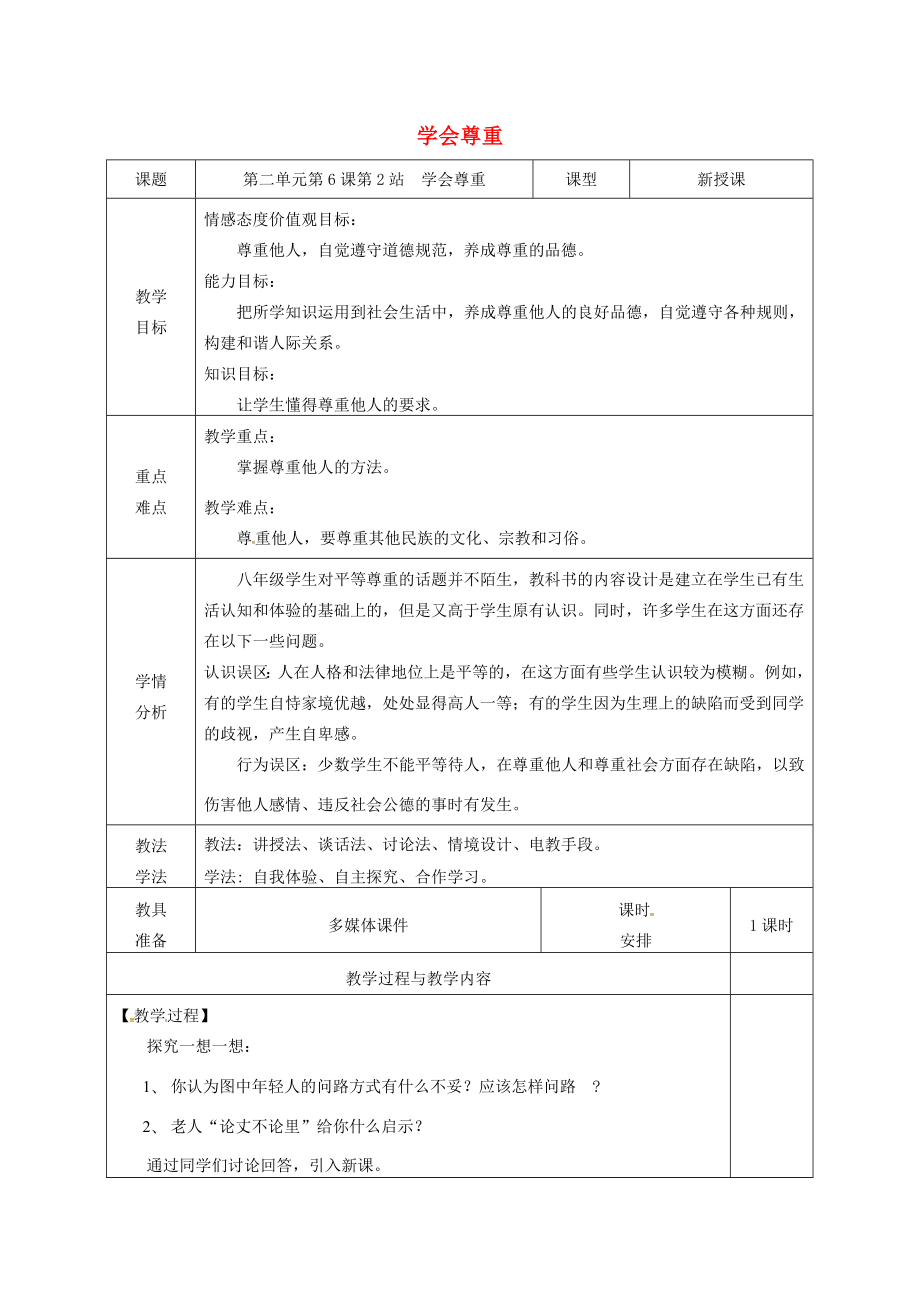 广东省揭阳市八年级道德与法治上册第二单元养成交往品德第6课尊重他人第2站学会尊重教案北师大版北师大版初中八年级上册政治教案.doc