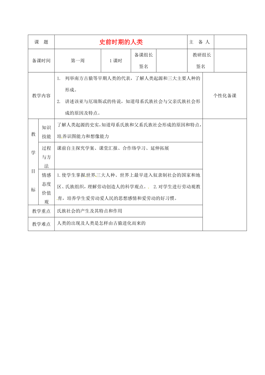 湖南省茶陵县九年级历史上册《第1课史前时期的人类》教案人教新课标版.doc