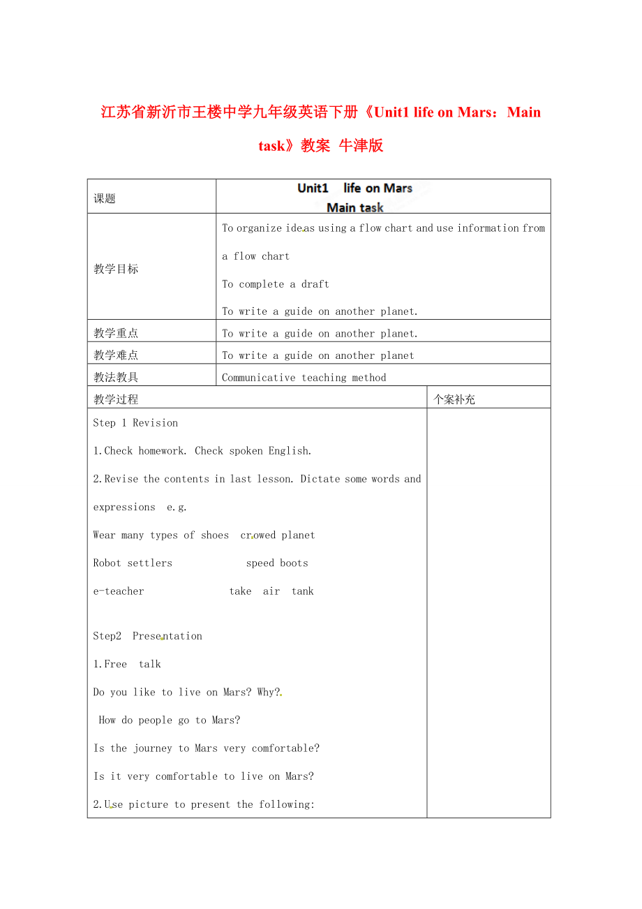 江苏省新沂市王楼中学九年级英语下册《Unit1lifeonMarsMaintask》教案牛津版.doc