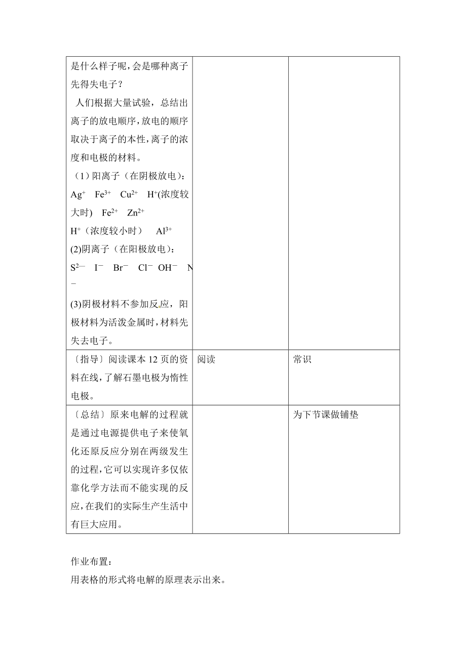 鲁科版高中化学选修四1.2《电能转化为化学能——电解》第一课时教案.doc