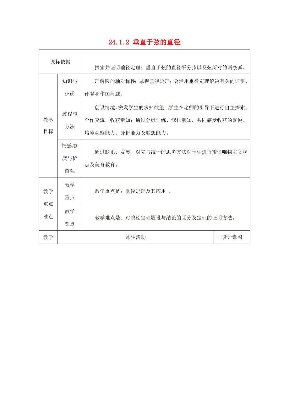 陕西省安康市石泉县池河镇九年级数学上册24.1圆的有关性质24.1.2垂直于弦的直径教案2（新版）新人教版（新版）新人教版初中九年级上册数学教案.doc