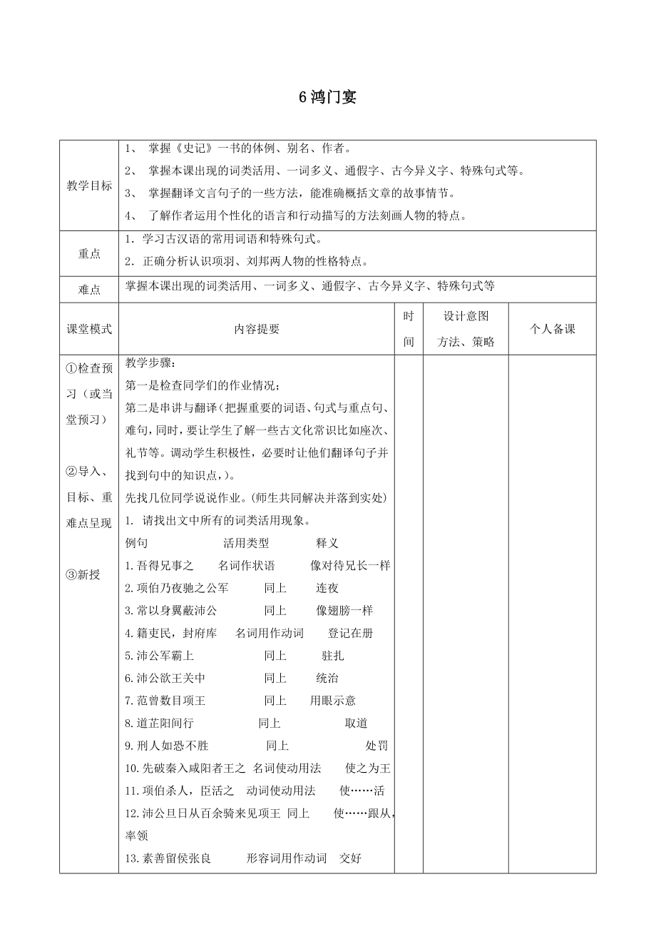 江西省万载县株潭中学高中语文6鸿门宴（第2课时）教案新人教版必修1.doc