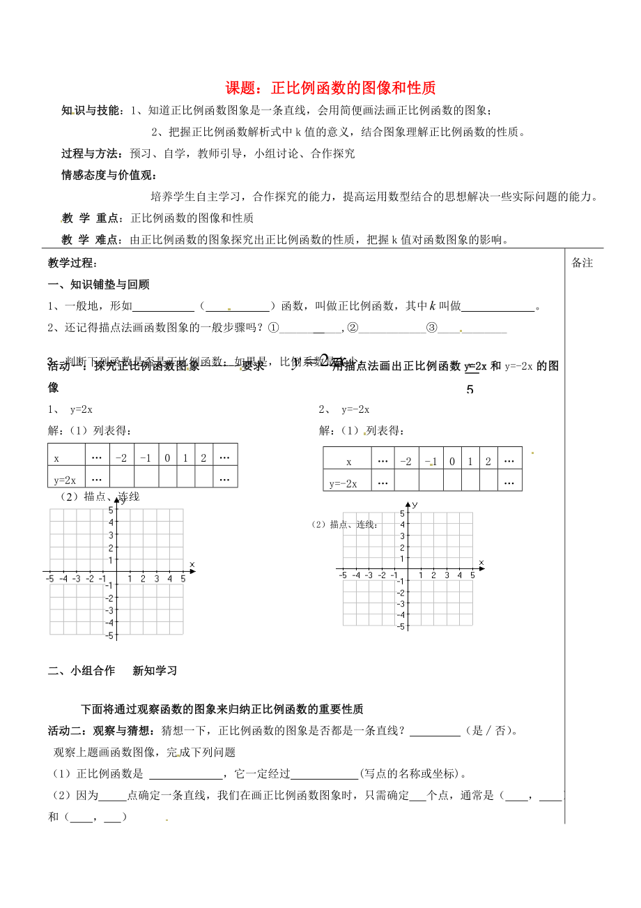 福建省福清西山学校八年级数学214.2.1正比例函数图像与性质教案.doc