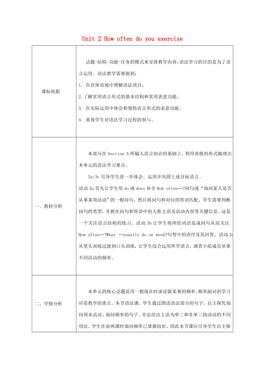 陕西省石泉县八年级英语上册Unit2HowoftendoyourciseSectionA（Grammarfocus3c）教案（新版）人教新目标版（新版）人教新目标版初中八年级上册英语教案.doc