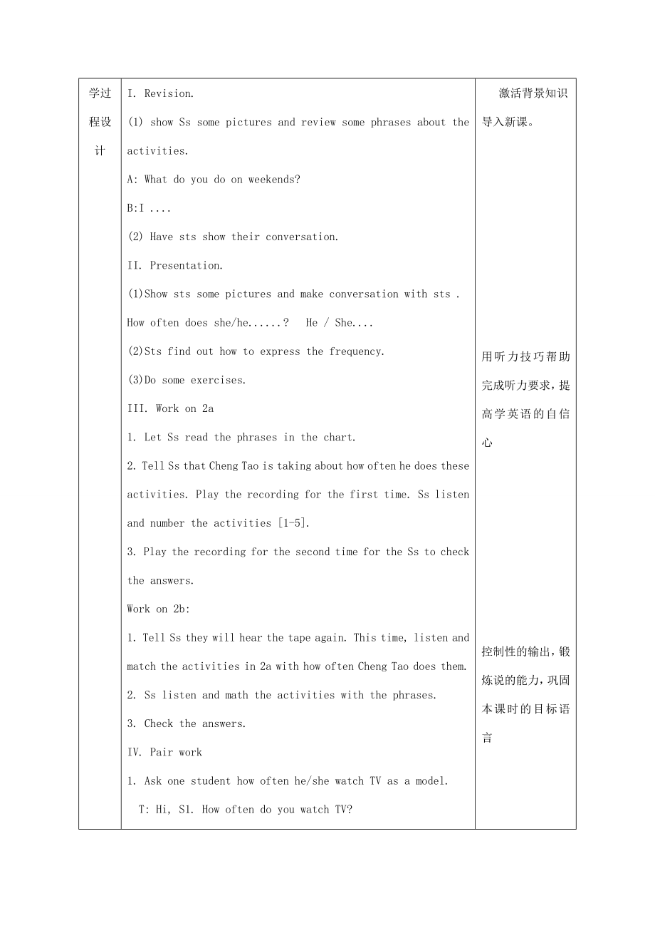 陕西省石泉县八年级英语上册Unit2HowoftendoyourciseSectionA（2a2d）教案1（新版）人教新目标版（新版）人教新目标版初中八年级上册英语教案.doc