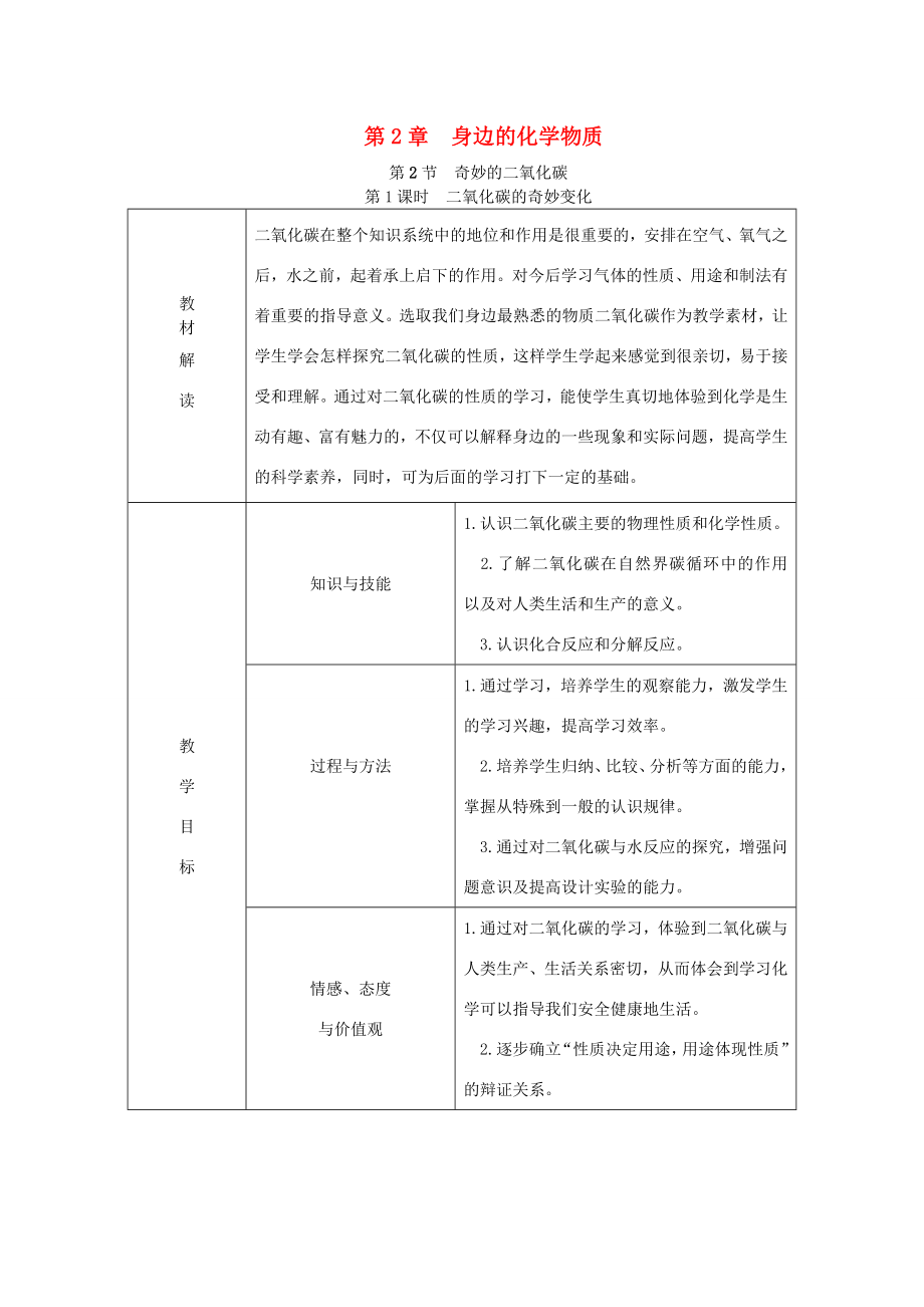 秋九年级化学上册第2章身边的化学物质第2节奇妙的二氧化碳第1课时二氧化碳的奇妙变化教案沪教版沪教版初中九年级上册化学教案.DOC