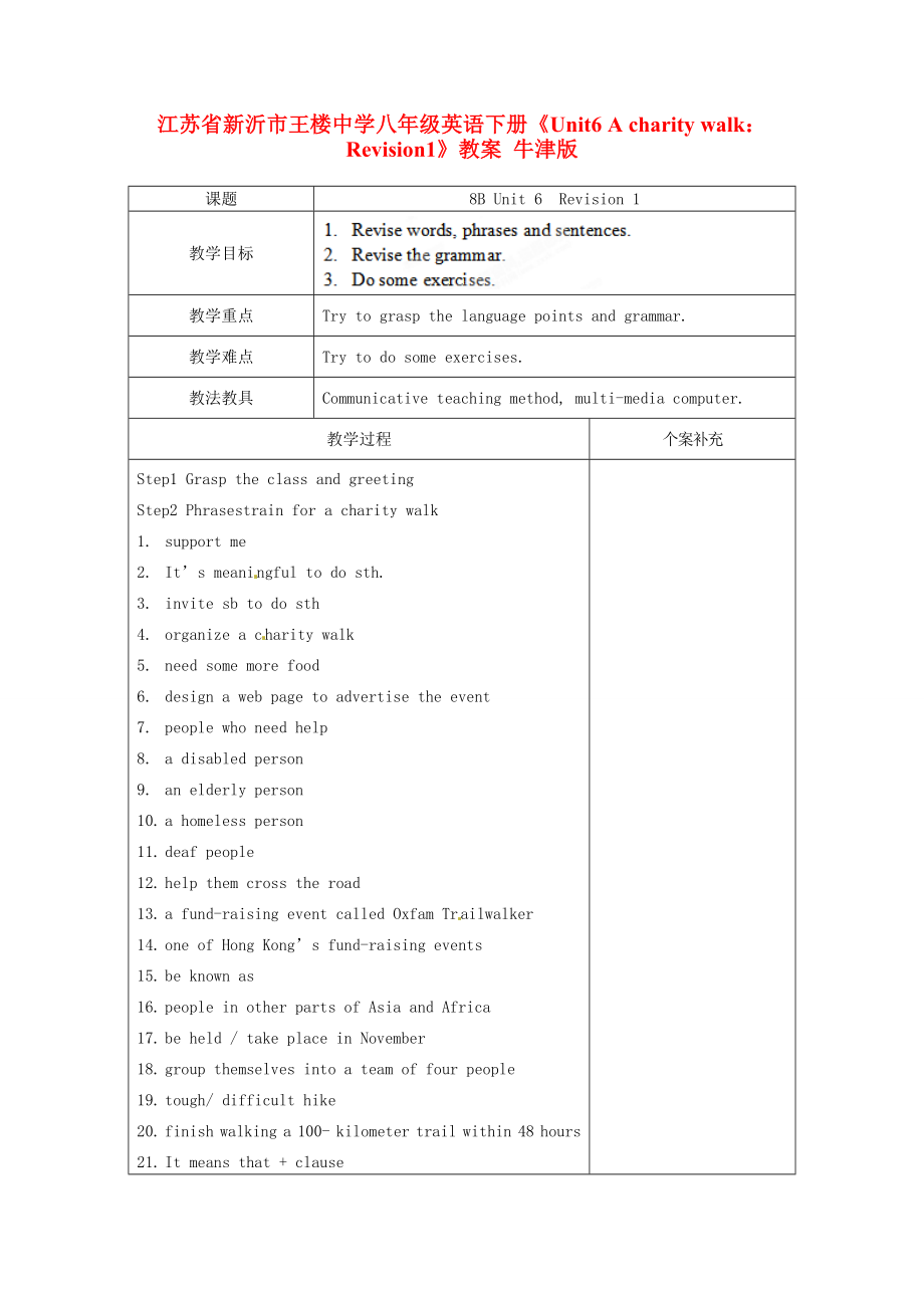 江苏省新沂市王楼中学八年级英语下册《Unit6AcharitywalkRevision1》教案牛津版.doc