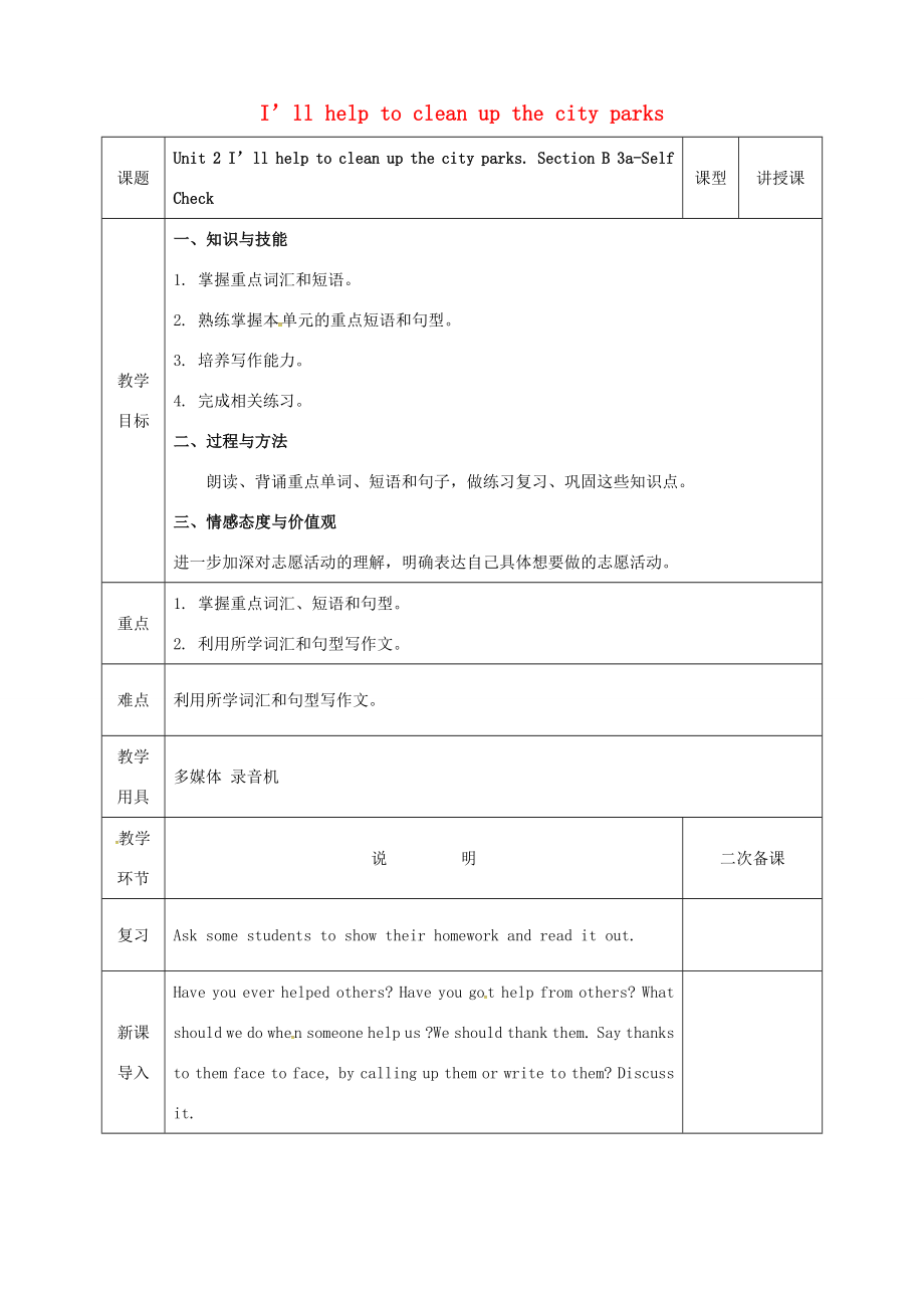 河北省邯郸市肥乡县八年级英语下册Unit2I’llhelptocleanupthecityparks（第5课时）SectionB（3aSelfCheck）教案（新版）人教新目标版（新版）人教新目标版初