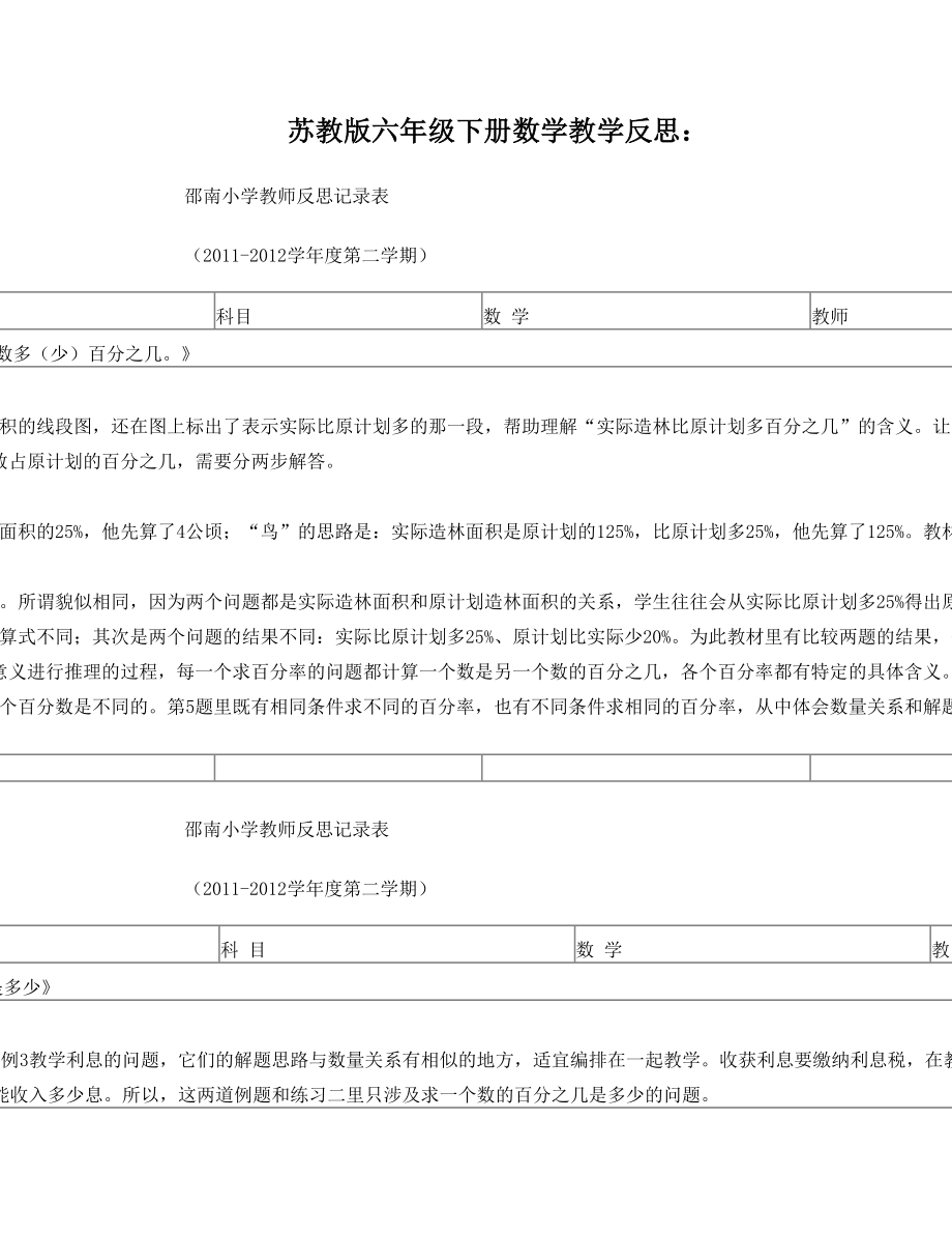 苏教版六年级下册数学教学反思.doc